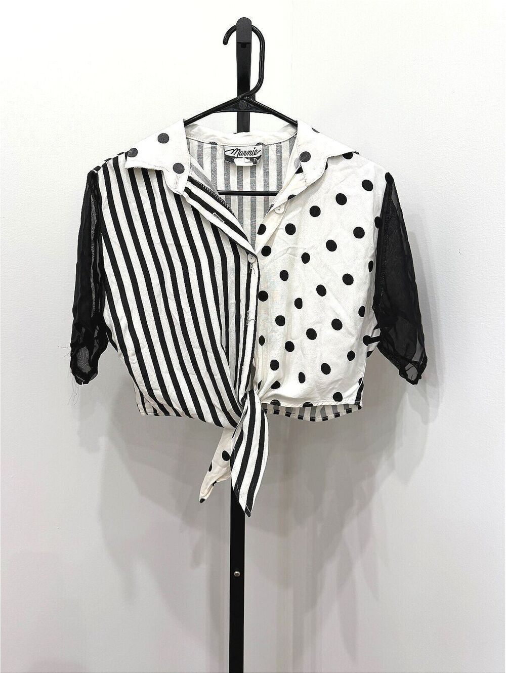Marnie West Black and White Polka Dot and Stripe Sheer Sleeve Tie Front Blouse